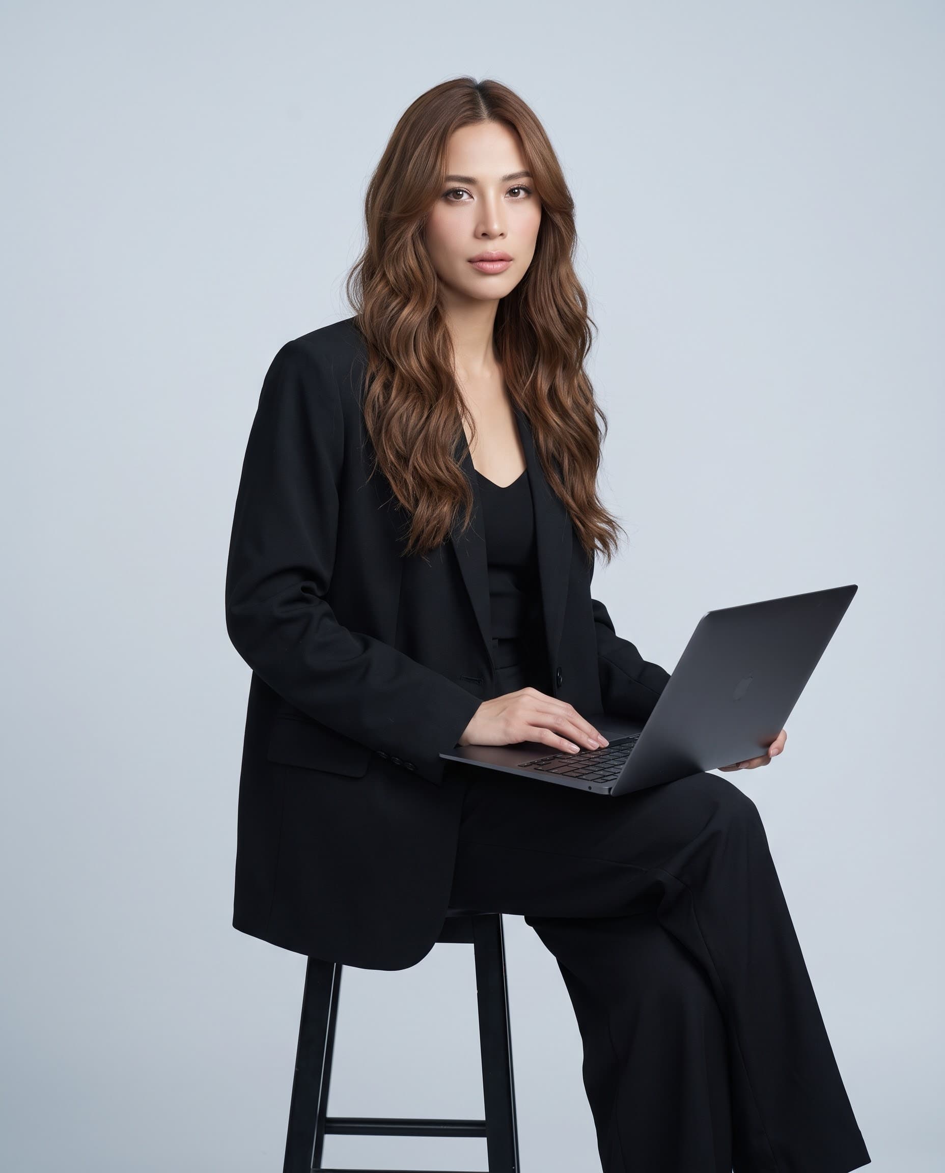 Maiya seated on a stool in a black suit, working on a laptop