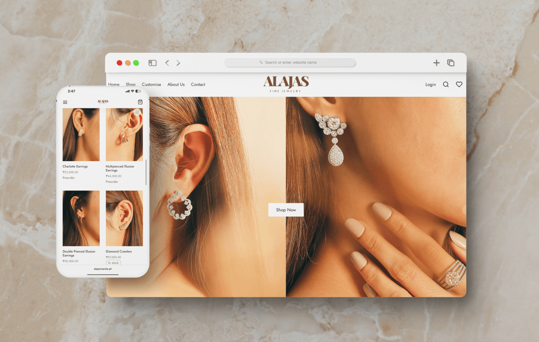 Alajas Fine Jewelry online store shown in a desktop browser and on a phone, with close-up photos of diamond earrings