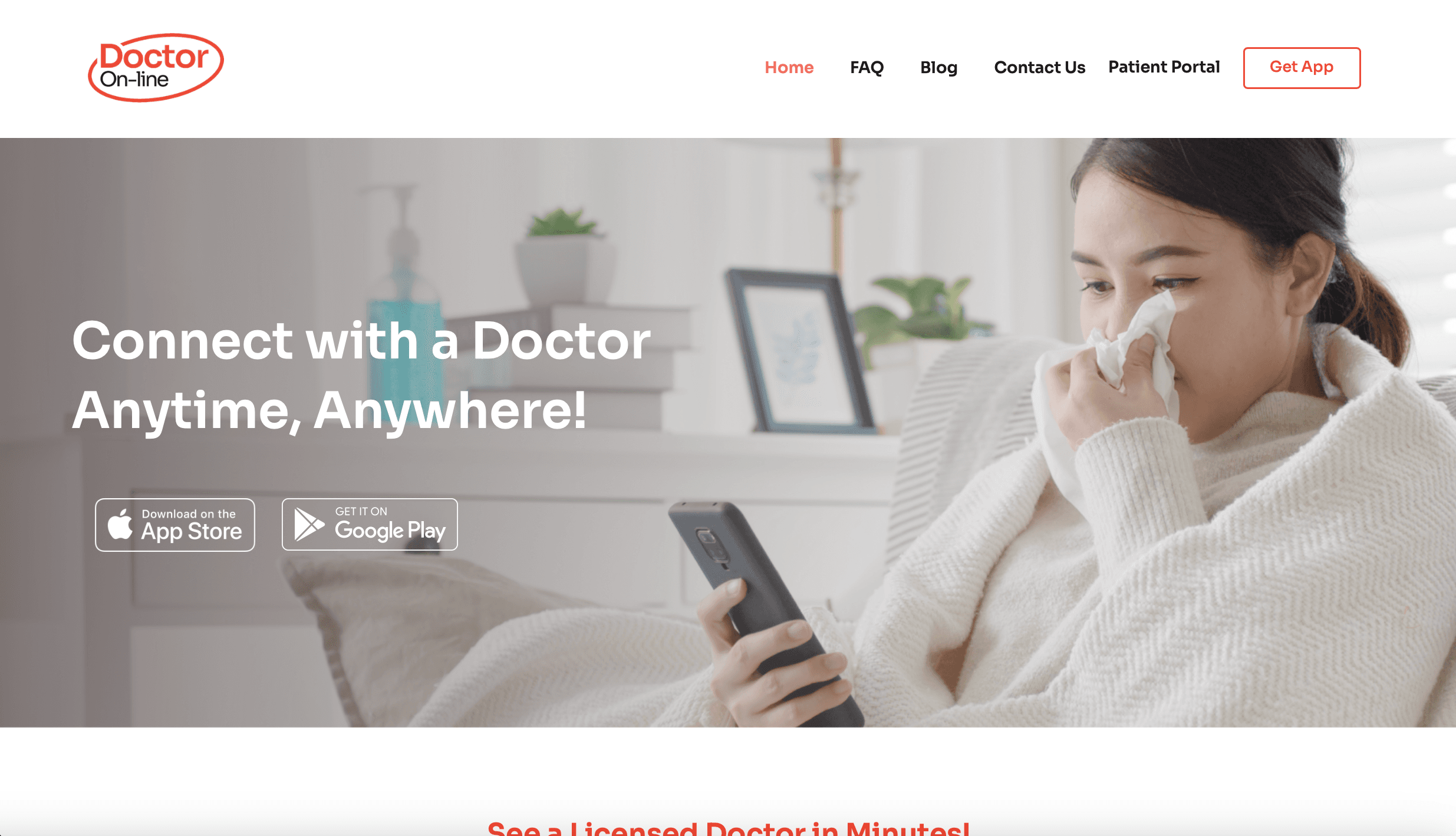 Doctor Online homepage with the headline “Connect with a Doctor Anytime, Anywhere!” over a photo of a woman with a cold holding her phone